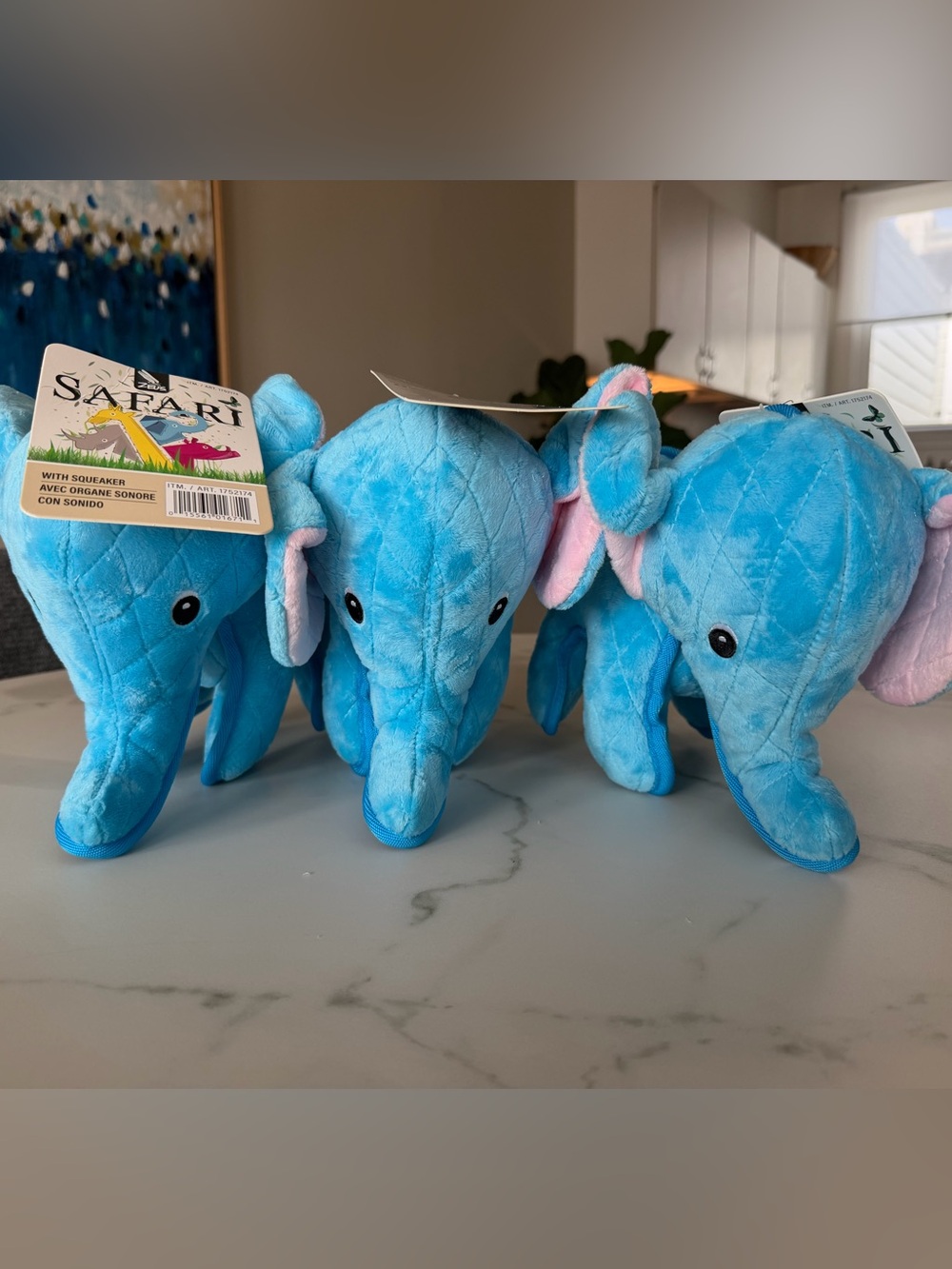 Set of 3 Zeus Safari Dog Toys - Blue Elephants/pink ears with squeakers